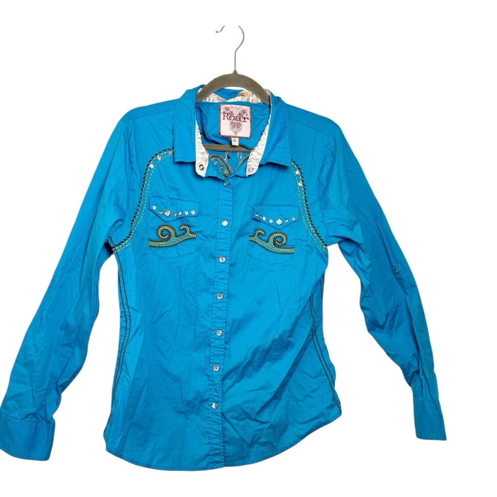 Roar Turquoise Embroidered Rhinestone Western Shirt Rock Revival Cowgirl XL